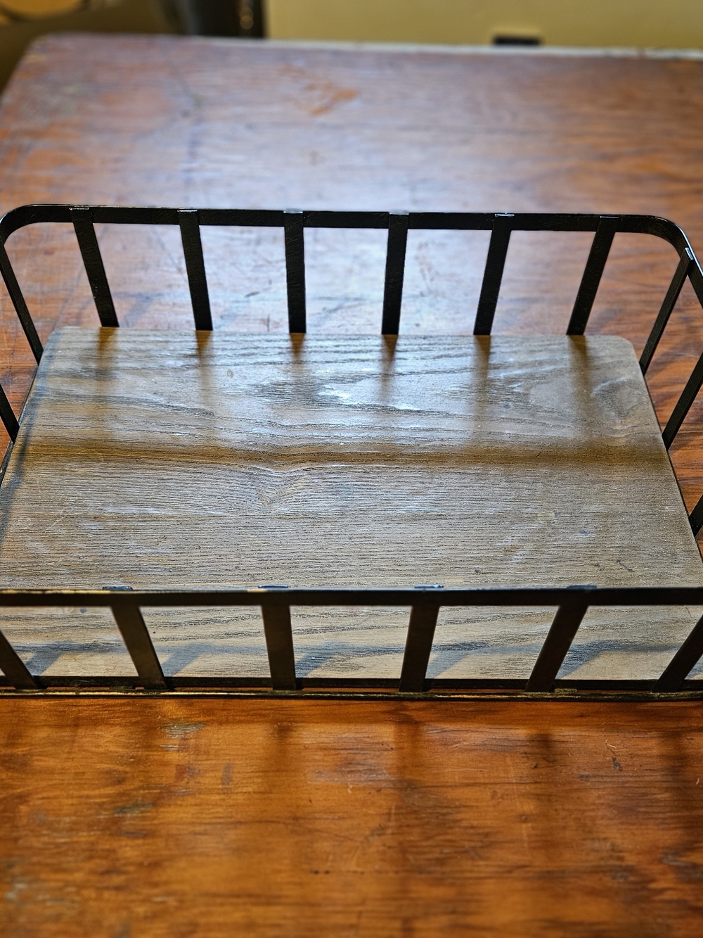 Wood and Black Metal Organizer Tray - Rustic Countertop Bin